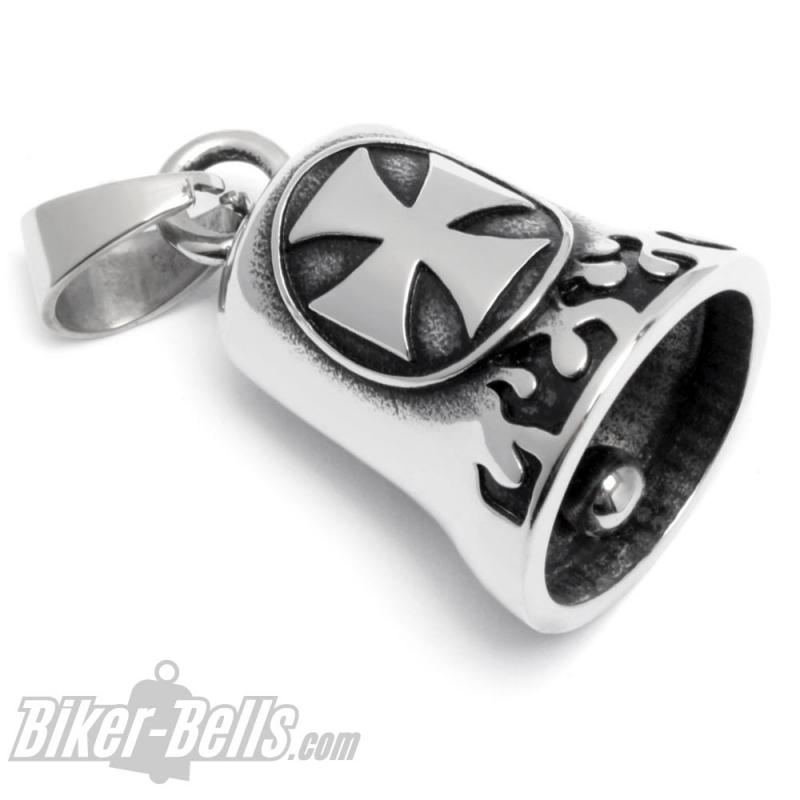 Stainless Steel Biker-Bell with Large Iron Cross and Flames Motorcycle Bell Gift